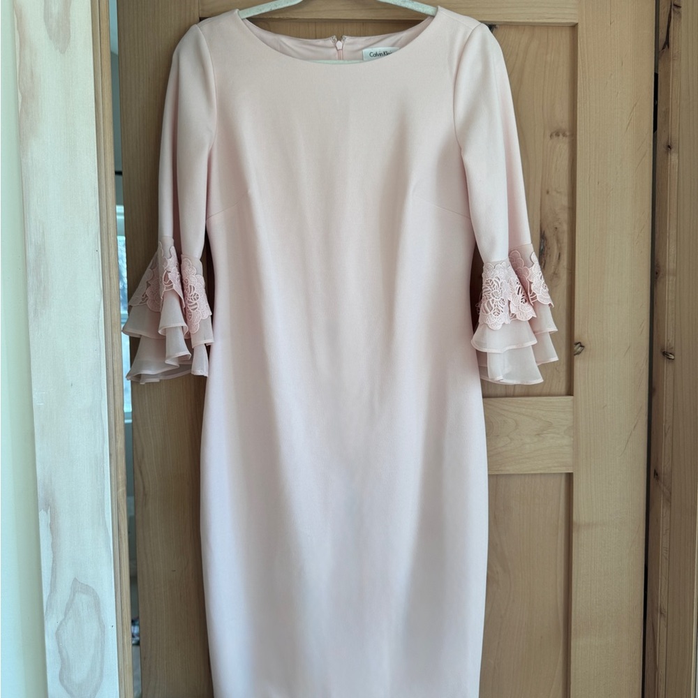 Calvin Klein Pink and Tan Ruffled Sheath Dress